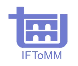 Tarptautinė mechanizmų ir mašinų mokslo plėtros federacijos logotipas, nukreipiantis vartotojus į https://iftomm-world.org/ puslapį