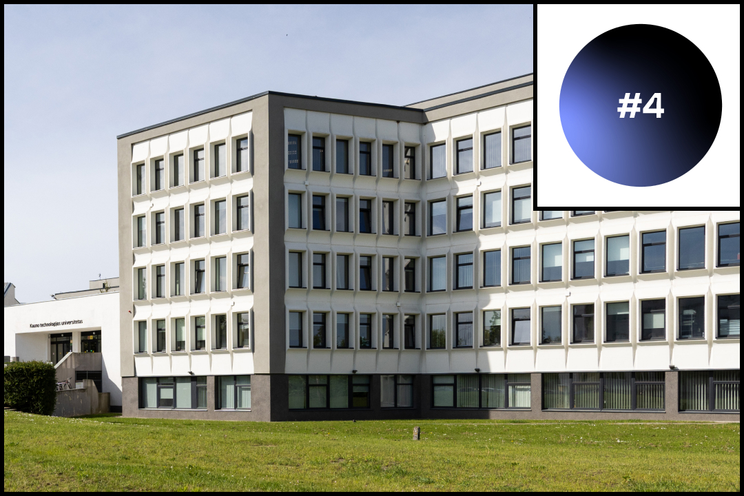 Visuomenės atsparumo ir saugumo bei gynybos technologijų klasteris – #4 KTU proveržio srities „Visuomenės atsparumas ir saugumas bei gynybos technologijos“ vizualas su viršuje matoma žyma „#4“ ir KTU Mechanikos inžinerijos ir dizaino fakulteto pastato fotografija. Šviesus universiteto pastatas fotografuotas iš žalios vejos pusės dienos metu. Vizualas naudojamas pristatyti atsparumo, saugumo ir gynybos technologijų sritį.