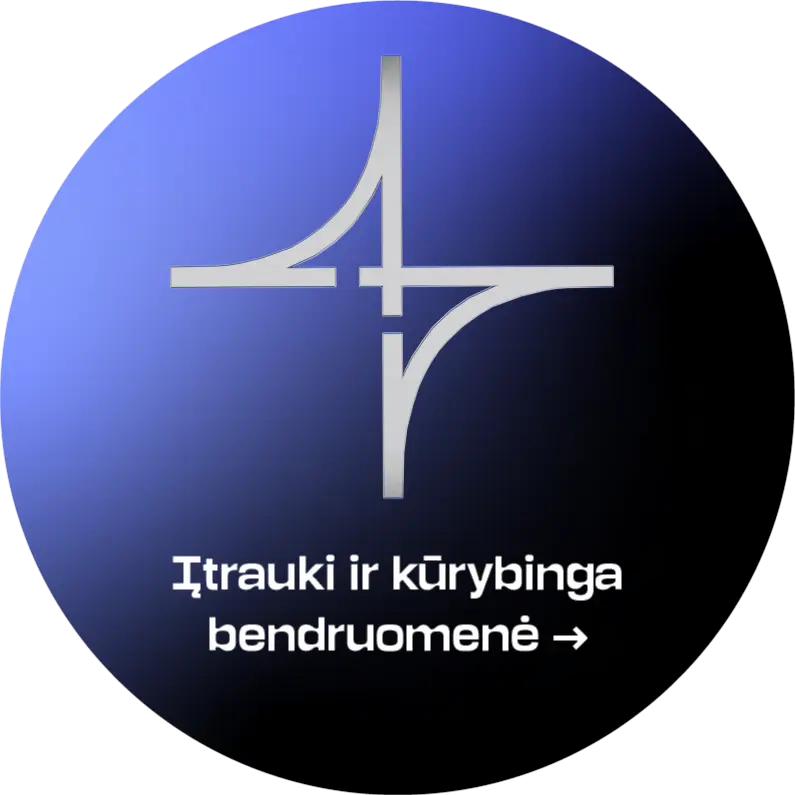 Aktyvi ikona įtrauki ir kūrybinga bendruomenė Apvalus strateginės krypties simbolis mėlynos ir juodos spalvos gradientiniame fone. Viršuje pavaizduotas stilizuotas baltas, keturiomis kryptimis išsišakojantis geometrinis simbolis, apačioje – tekstas „Įtrauki ir kūrybinga bendruomenė“. Aktyvi būsena žymi pasirinktą strateginę kryptį, kurios akordeono tipo turinys su aprašymu yra atvertas.