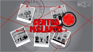 Raudonas tekstas viduryje, aplink tekstą 5 Kauno miesto nuotraukos, nuotraukas jungia raudonas siūlas