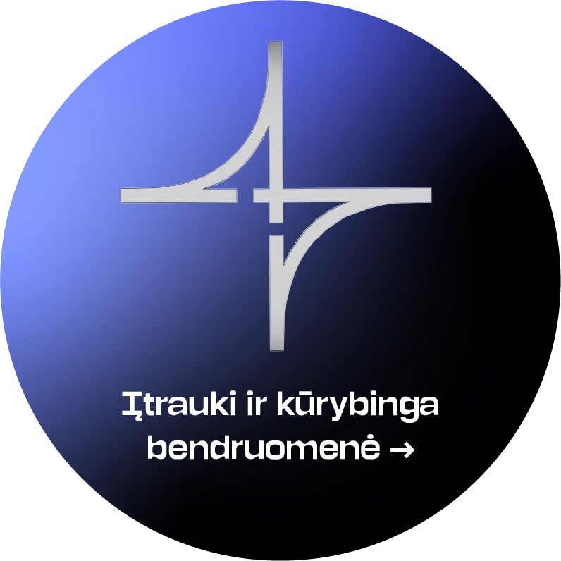 Ikona įtrauki ir kūrybinga bendruomenė Apvalus strateginės krypties simbolis mėlynos ir juodos spalvos gradientiniame fone. Viršuje pavaizduotas stilizuotas baltas, keturiomis kryptimis išsišakojantis geometrinis simbolis, apačioje – tekstas „Įtrauki ir kūrybinga bendruomenė“. Paspaudus atveriamas akordeono tipo turinys su strateginės krypties aprašymu.