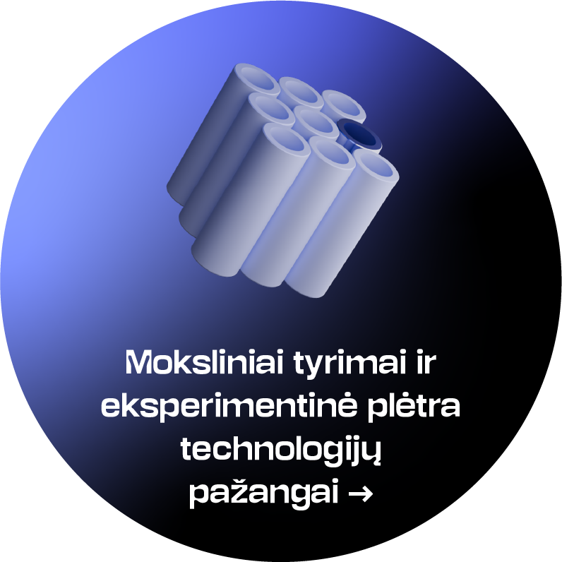Ikona moksliniai tyrimai ir eksperimentinė pletra technologijų pažangai Apvalus strateginės krypties simbolis mėlynos ir juodos spalvos gradientiniame fone. Viršuje pavaizduota iš kelių skirtingo aukščio tuščiavidurių cilindrų sudaryta erdvinė kompozicija, apačioje – tekstas „Moksliniai tyrimai ir eksperimentinė plėtra technologijų pažangai“. Paspaudus atveriamas akordeono tipo turinys su strateginės krypties aprašymu.
