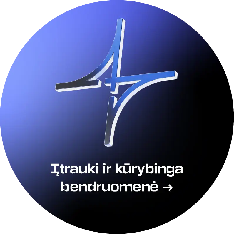 Įtrauki ir kūrybinga bendruomenė - ikonėlė Apvalus strateginės krypties simbolis mėlynos ir juodos spalvos gradientiniame fone. Viršuje pavaizduotas stilizuotas baltas, keturiomis kryptimis išsišakojantis geometrinis simbolis, apačioje – tekstas „Įtrauki ir kūrybinga bendruomenė“. Paspaudus atveriamas akordeono tipo turinys su strateginės krypties aprašymu.