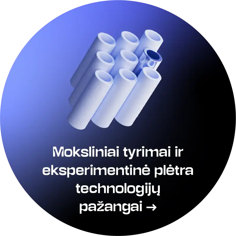 Moksliniai tyrimai ir eksperimentinė pletra technologijų pažangai - ikonėlė Apvalus strateginės krypties simbolis mėlynos ir juodos spalvos gradientiniame fone. Viršuje pavaizduota iš kelių skirtingo aukščio tuščiavidurių cilindrų sudaryta erdvinė kompozicija, apačioje – tekstas „Moksliniai tyrimai ir eksperimentinė plėtra technologijų pažangai“. Paspaudus atveriamas akordeono tipo turinys su strateginės krypties aprašymu.