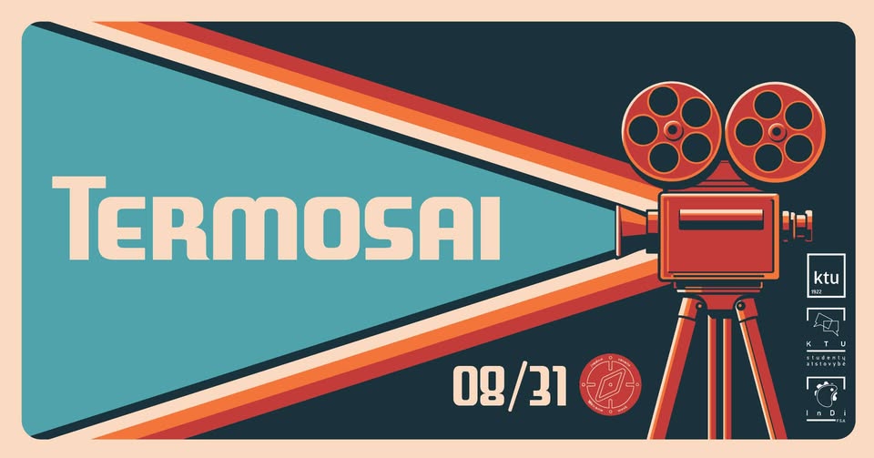 Termosai 2026 Senas raudonas kino projektorius, kuriame rodomas geltonas tekstas mėlyname fone, apačioje matoma data ir kompaso logotipas.
