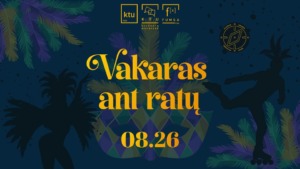 Viduryje geltonas tekstas, aplink tekstą žali medžių lapai, žmogaus važiuojančio riedučiais šėšėlis