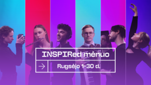 INSPIRed mėnuo Užfiksuoti meno kolektyvų veiklų momentai: mergina fotografuoja, mergina groja pučiamuoju instrumentu, vaikinas dainuoja, vaikinas groja akordeonu, vaikinas žiūri į veidrodį, mergina šoka.