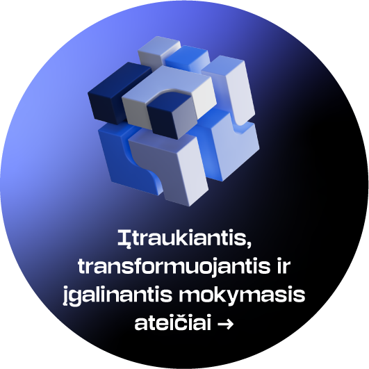 Apvalus strateginės krypties simbolis mėlynos ir juodos spalvos gradientiniame fone. Vir&scaron;uje pavaizduota i&scaron; tarpusavyje susijungiančių ir atsiskiriančių geometrinių blokų sudaryta erdvinė kompozicija, apačioje &ndash; tekstas &bdquo;Įtraukiantis, transformuojantis ir įgalinantis mokymasis ateičiai&ldquo;. Paspaudus atveriamas akordeono tipo turinys su strateginės krypties apra&scaron;ymu.