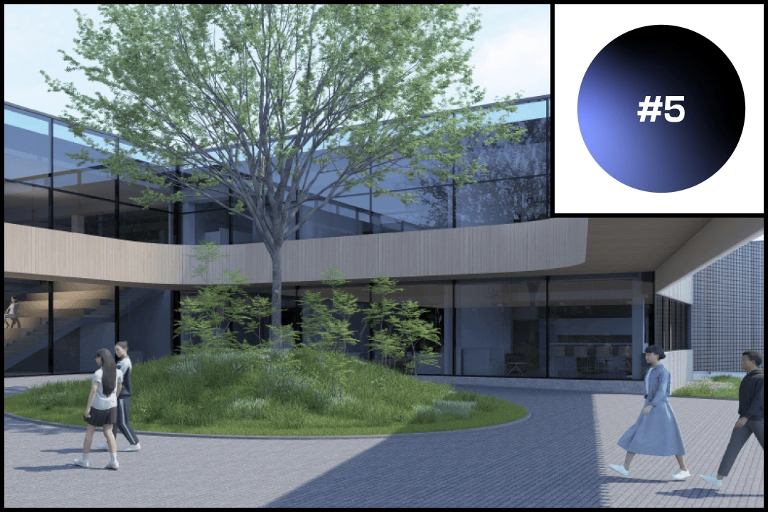 KTU STEAM didaktikos centro vizualizacija su moderniu vidiniu kiemu. Centre auga didelis medis ir želdiniai. Aplink juos i&scaron;sidėstęs &scaron;iuolaiki&scaron;kas pastatas su dideliais stikliniais langais ir medžio apdailos elementais. Erdvėje vaik&scaron;to žmonės. Vir&scaron;utiniame de&scaron;iniajame kampe pateiktas mėlynos ir juodos spalvų apskritimas su žyma &bdquo;#5&ldquo;, pristatantis STEAM didaktikos sritį.